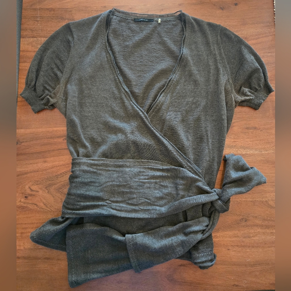 Elie Tahari Silk-Linen Blend Blouse | Short Sleeved Wrap Style